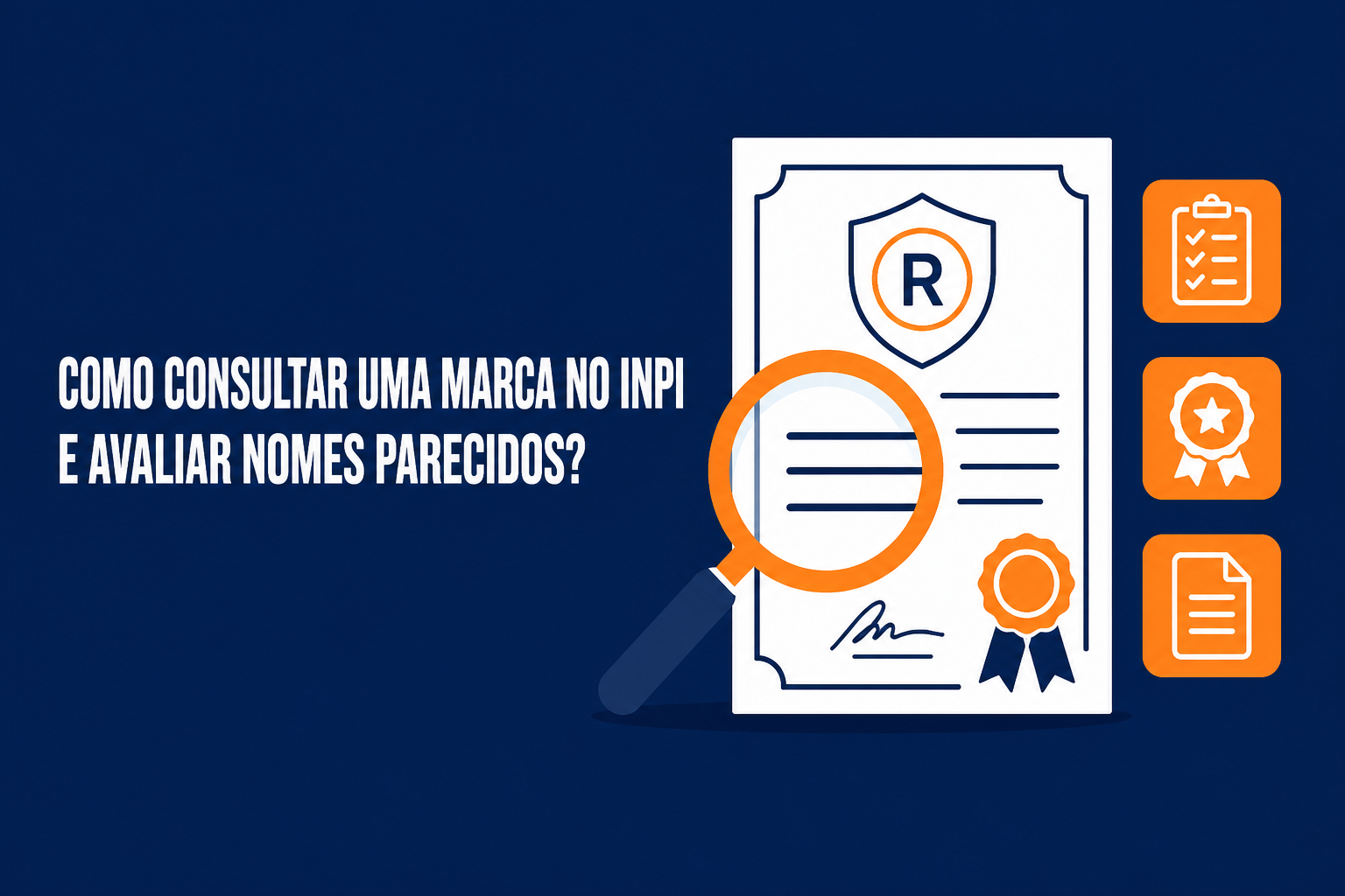 Ilustração de uma lupa sobre um certificado de registro de marca, em azul-marinho e laranja.