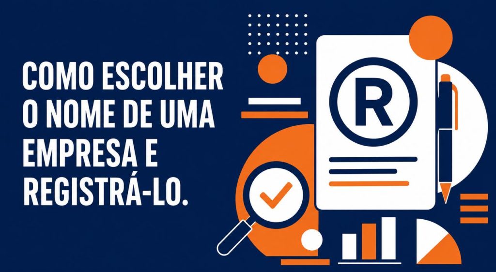 Ilustração vetorial editorial em azul-marinho, laranja e branco representando a escolha e o registro do nome de uma empresa, com símbolo de marca registrada e formas geométricas modulares.