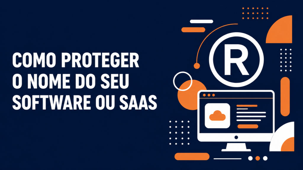 Ilustração em pôster tipográfico azul-marinho e laranja com elementos geométricos e símbolo de marca registrada, representando software e SaaS.