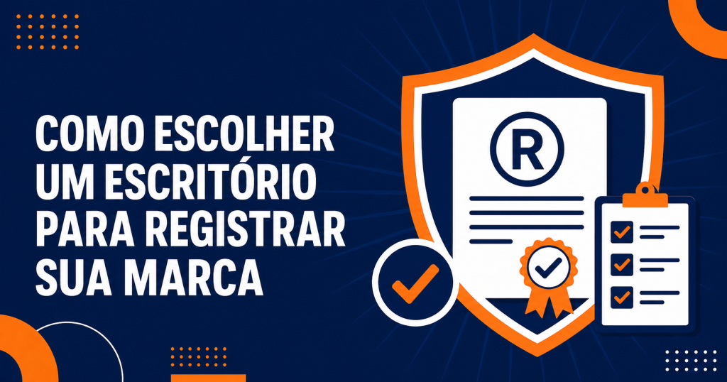 Escudo editorial com certificado de registro de marca e checklist sobre fundo azul-marinho, ilustrando a escolha de um escritório especializado em registro de marca no INPI