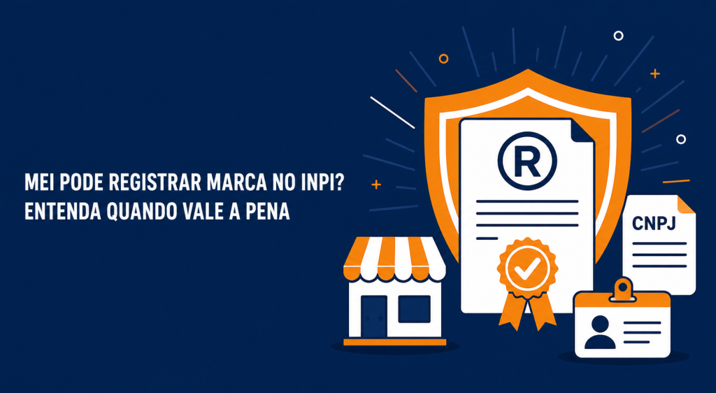 Ilustração flat com fundo azul-marinho, escudo laranja e branco envolvendo certificado de registro de marca, com ícones de loja e documento CNPJ ao lado