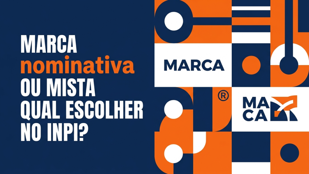 Ilustração vetorial de um nome comercial ao lado de um símbolo gráfico, representando as apresentações nominativa e mista no INPI.
