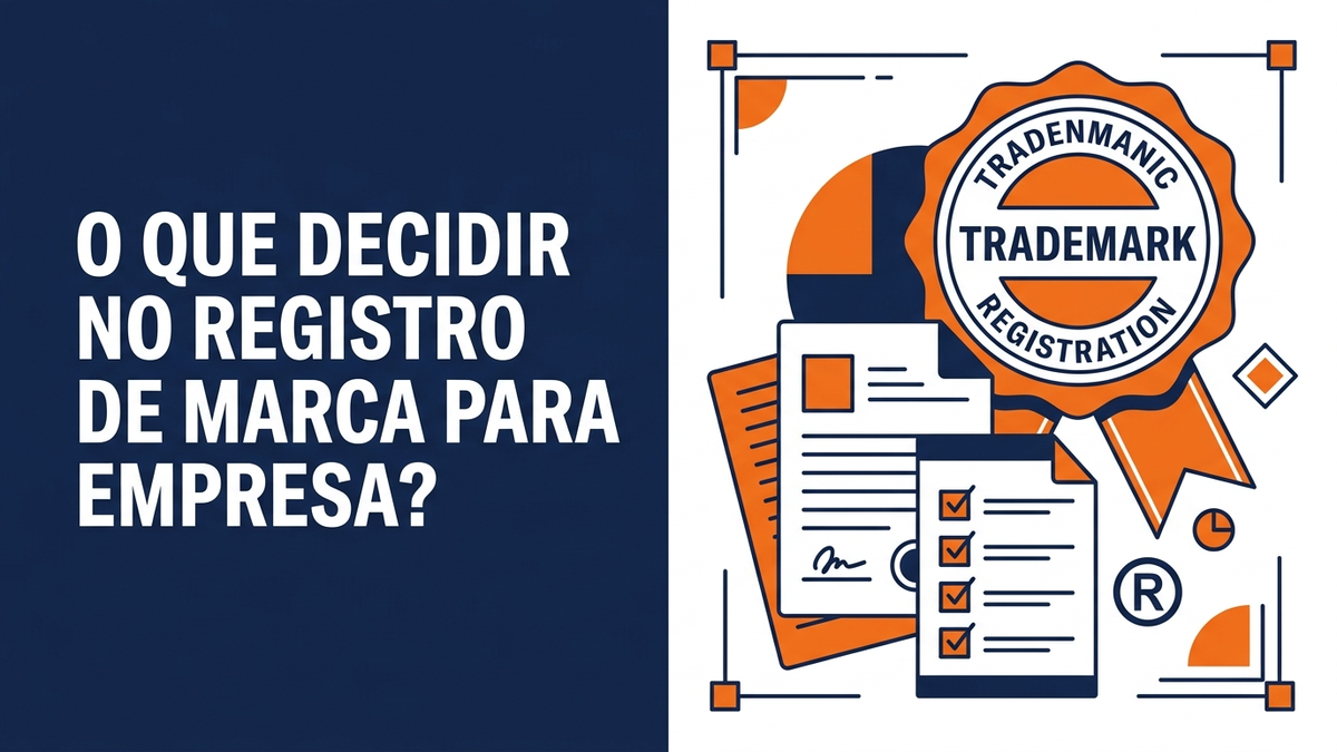 Ilustração vetorial com ficha de decisões empresariais, certificado de marca e selo de aprovação em azul-marinho, laranja e branco.