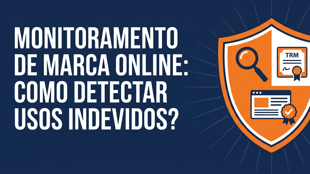 Ilustração vetorial de lupa examinando sinais de marca em telas e documento do INPI