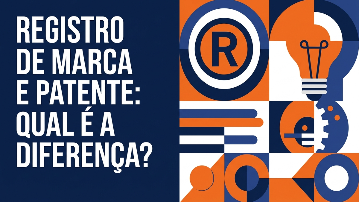 Comparação visual entre símbolo de marca registrada e mecanismo abstrato de invenção em azul-marinho, laranja e branco