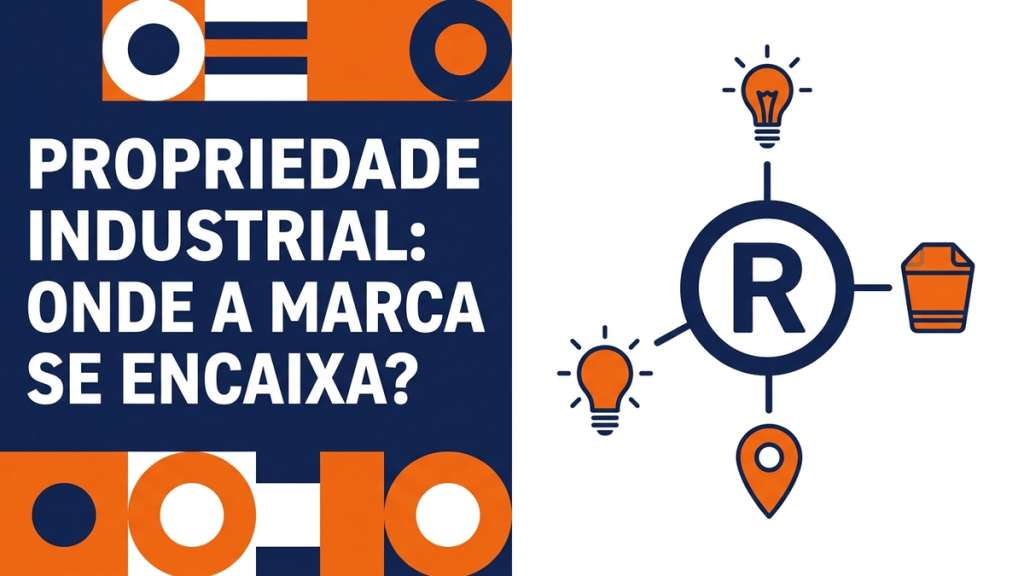 Diagrama vetorial com marca registrada no centro e categorias da propriedade industrial ao redor