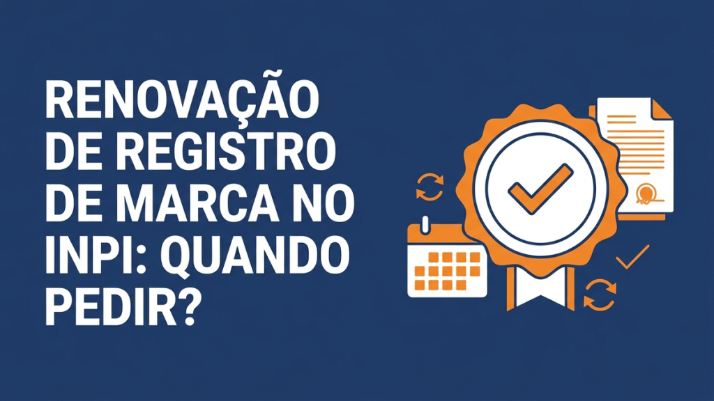 Ilustração de selo de registro, calendário e documentos representando a prorrogação de uma marca no INPI.