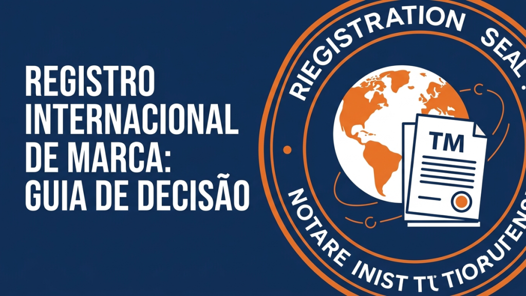 Ilustração vetorial de globo, certificado de marca e documentos internacionais em azul-marinho, laranja e branco