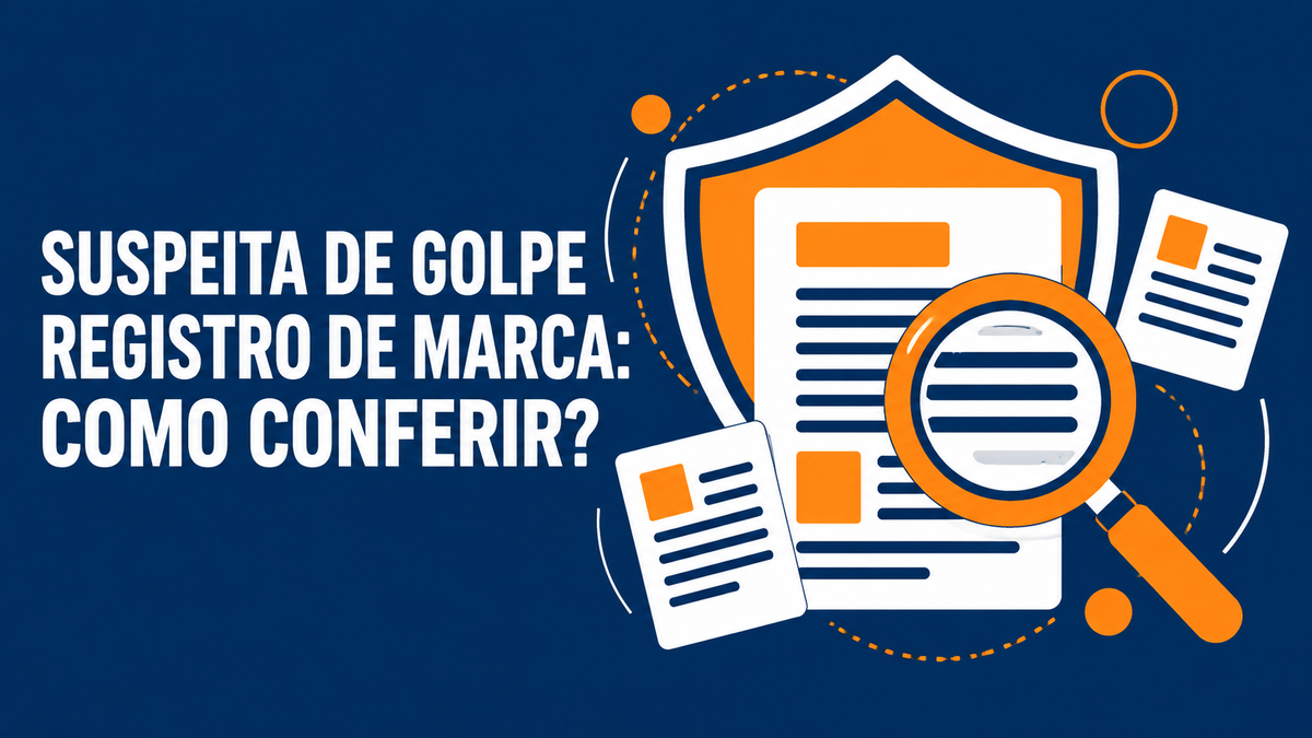 Lupa sobre documento de cobrança ao lado de um escudo em azul-marinho, laranja e branco.