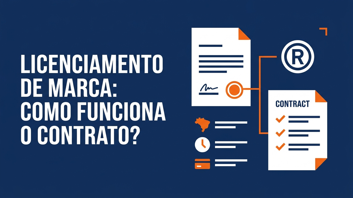 Contrato de licença de marca entre duas empresas, com símbolo de marca registrada e campos de prazo, território e remuneração