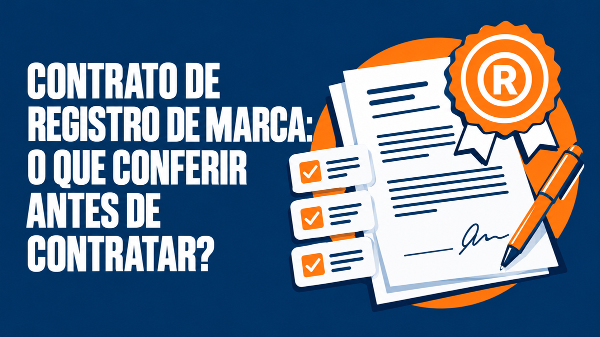 Ilustração de contrato, certificado de marca e selo em azul-marinho, laranja e branco.