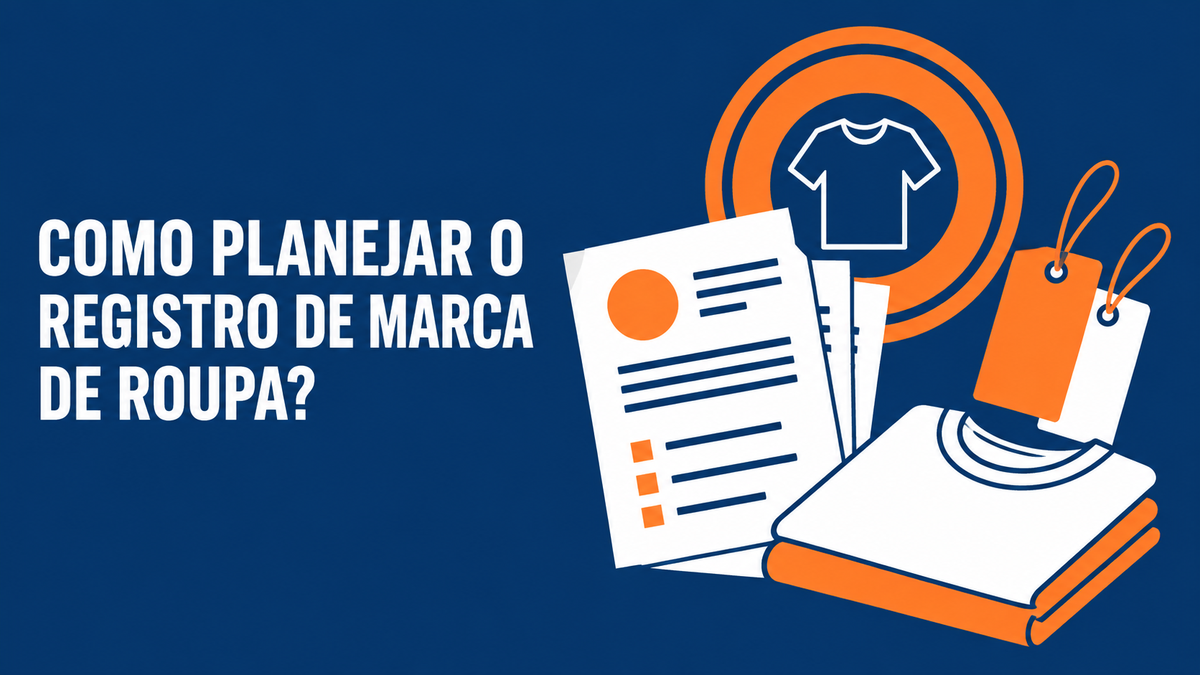 Ilustração de etiquetas de roupa e documentos, em azul-marinho, laranja e branco.